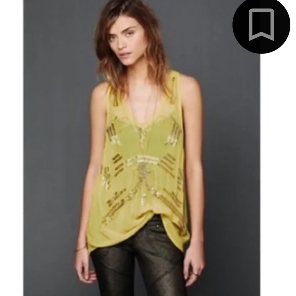 Free People Sheer Beaded Racerback Top -XS Yellow